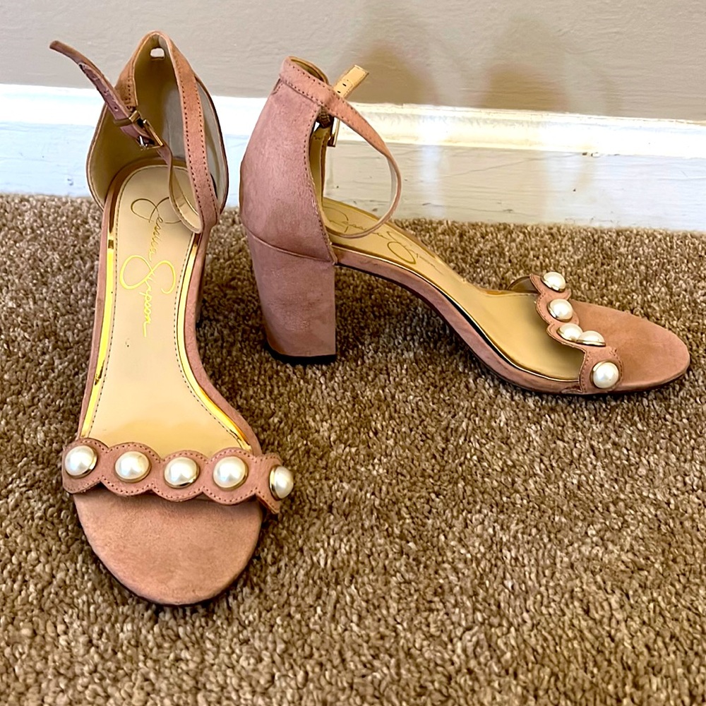 Pink swade heals with pearl scalloped detail